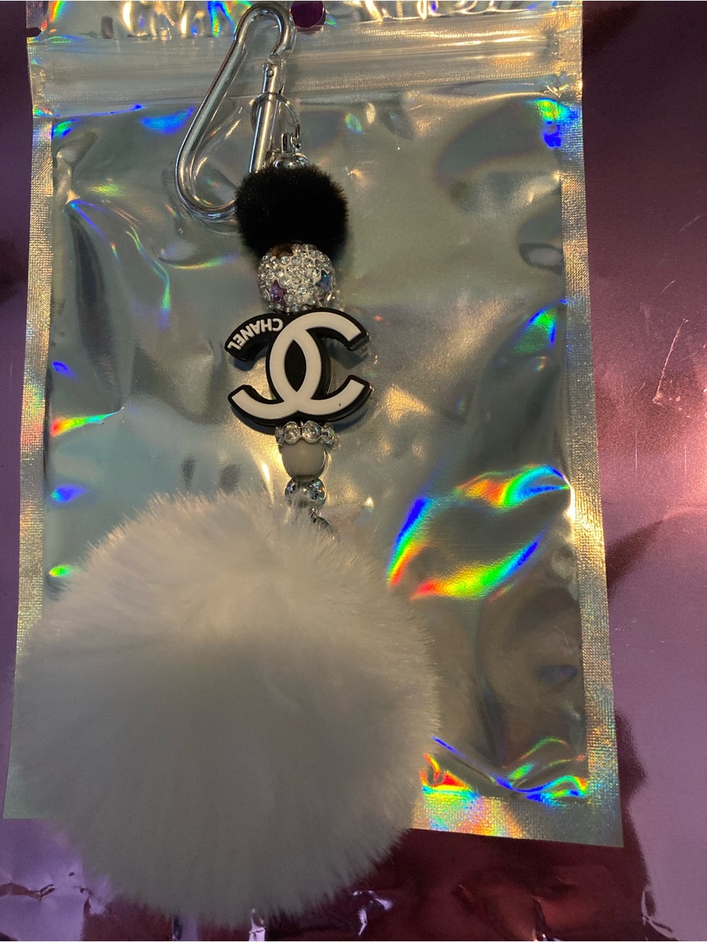 CHANEL Black & White Pom Pom Keychain Charm